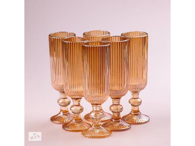 Набор бокалов Lugi для шампанского фигурных прозрачных ребристых из толстого стекла 6 янтарный (HP7116A)