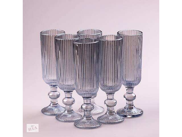 Набор бокалов Lugi для шампанского фигурных прозрачных ребристых из толстого стекла 6 голубой (HP7116BL)