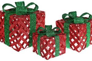 Набор декоративных подарков - 3 коробки 15х20см, 20х25см, 25х30см с LED-подсветкой, красный с зеленым