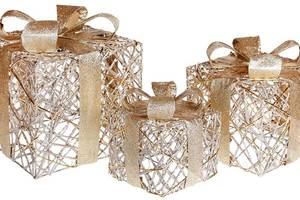 Набор декоративных подарков - 3 коробки 15х20см, 20х25см, 25х30см с LED-подсветкой, светлое золото