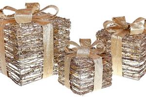 Набор декоративных подарков - 3 коробки 15х20см, 20х25см, 25х30см с LED-подсветкой, старинное золото