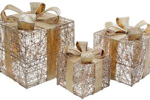 Набор декоративных подарков - 3 коробки 15х20см, 20х25см, 25х30см с LED-подсветкой, шампань с золотом