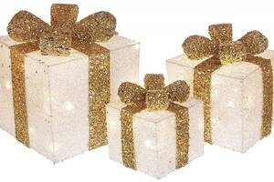 Набор декоративных подарков - 3 коробки 20см, 25см, 30см с LED-подсветкой, белый с золотым