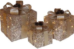 Набор декоративных подарков - 3 коробки 20см, 25см, 30см с LED-подсветкой, золотой