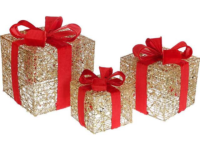 Набор декоративных подарков 3 шт 15см, 20см, 25см с подсветкой золотой с красным BonaDi DP99089