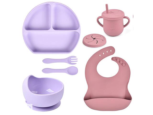 Набор детской посуды 2Life Y2+19 из 7 предметов на присоске Фиолетовый+Розовый (v-11502)