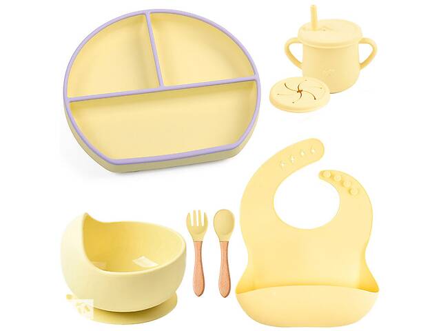 Набор детской силиконовой посуды 2Life Y11 из 7 предметов с деревянными приборами Желтый (v-11363)