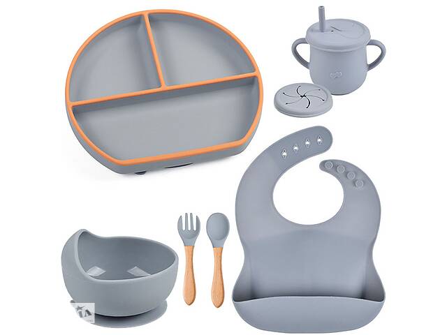 Набор детской силиконовой посуды 2Life Y18 из 7 предметов с деревянными приборами Серый (v-11364)