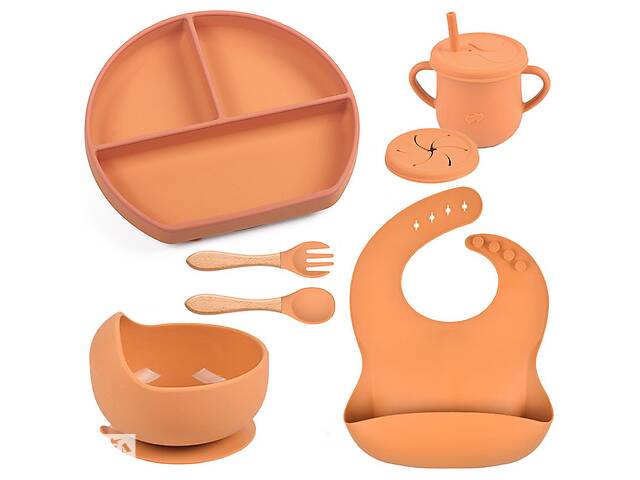 Набор детской силиконовой посуды 2Life Y25 из 7 предметов с деревянными приборами Оранжевый (v-11366)