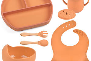 Набор детской силиконовой посуды с деревянными приборами 2Life Y25 из 7 предметов Оранжевый (n-11366)