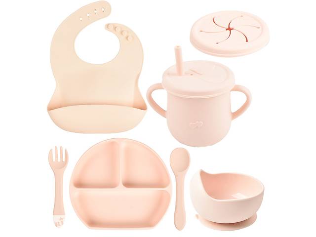 Набор детской силиконовой посуды тарелка слюнявчик тарелка для супа ложка вилка поильник 2Life Y4 7 шт Розовый (n-10053)