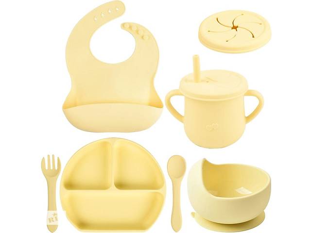 Набор детской силиконовой посуды тарелка слюнявчик тарелка для супа ложка вилка поильник 2Life Y11 7 шт Желтый (n-10055)