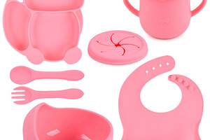 Набор детской силиконовой посуды тарелка слюнявчик тарелка для супа ложка вилка поильник 2Life Y14 7 шт Розовый (n-10...