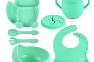 Набор детской силиконовой посуды тарелка слюнявчик тарелка для супа ложка вилка поильник 2Life Y13 7 шт Зеленый (n-10...