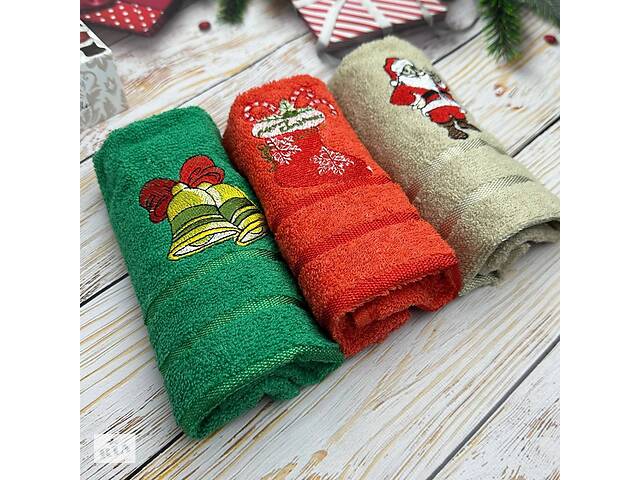Набор махровых кухонных полотенец Турция Nilteks Новый год Санта Дед мороз бежевый 13811 30х50 см 3 шт