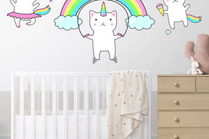Набор наклеек на стену в детскую комнату 'Коты-Единороги с радугой' Кавун 50х100 см