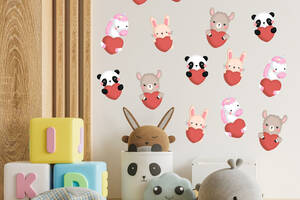 Набор наклеек на стену в детскую комнату «Животные панда единорог заяц барашка с сердцами» Кавун 70х100 см