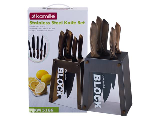 Набор ножей 6 предметов из нержавеющей стали с полыми ручками на подставке (5 ножей+подставка) KL226097 Kamille