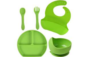 Набор силиконовая тарелка слюнявчик круглая тарелка для первых блюд ложка вилка 2Life Y7 5 шт Зеленый (vol-9748)