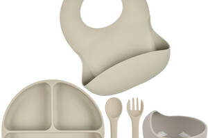 Набор силиконовая тарелка слюнявчик круглая тарелка для первых блюд ложка вилка 2life Y20 5 шт Кремовый (n-9926)