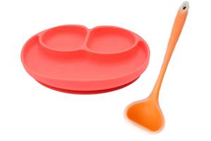 Набор силиконовый половник 21 х 6.5 см Оранжевый и Силиконовая тарелка коврик 22 х 15 см Красный (vol-984)