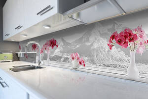 Наклейка виниловая кухонный фартук Zatarga '3Д Окно в Горы' 600х2500 мм