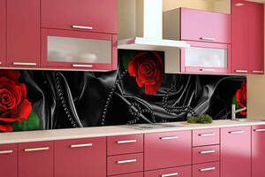 Наклейка виниловая кухонный фартук Zatarga 'Черный шелк и красные розы' 600х2500 мм