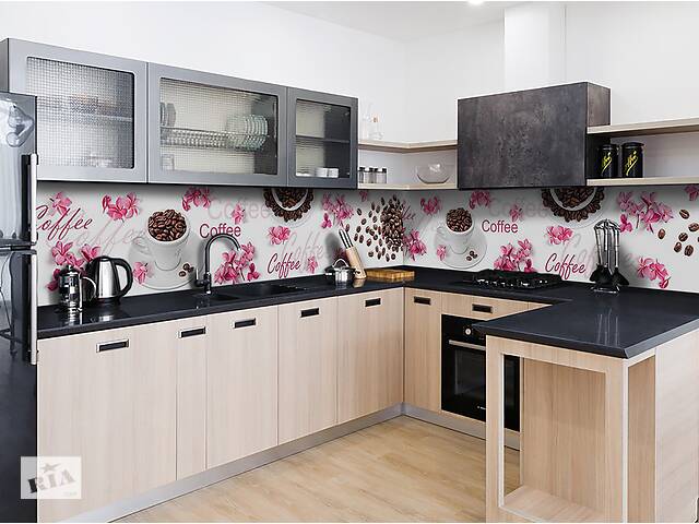 Наклейка виниловая кухонный фартук Zatarga 'Кофе и Розовые цветы' 600х2500 мм