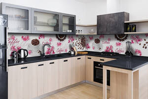 Наклейка виниловая кухонный фартук Zatarga 'Кофе и Розовые цветы' 650х2500 мм