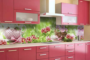 Наклейка виниловая кухонный фартук Zatarga 'Цветы и Розовый Фарфор' 650х2500 мм