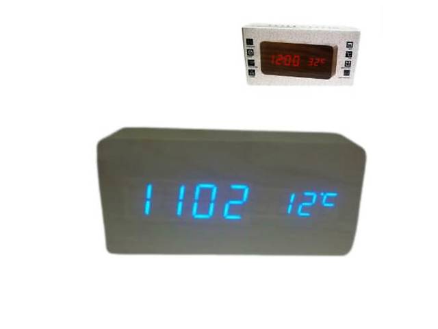Настольные часы с 3 режимами работы и втроеным градусником с синей подсветкой Wooden Clock 1299 черные (lp-79537_258)