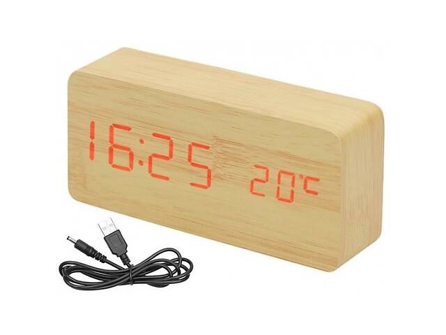 Настольные часы Wooden Watch электронные светодиодные с будильником USB 15см Жёлто-красные (VST-862-4)