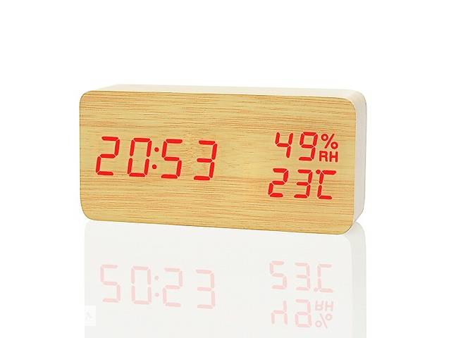 Настільний годинник Wooden Watch світлодіодний з індикатором вологості та будильником USB 15см Жовто-червоний (VST-862S-1)