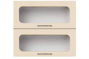 Навесной шкаф-витрина (двухдверный - двери горизонтально) (стекло 4 мм) ширина 900 МАКСИ МЕБЕЛЬ Серый/Ваниль (80032)