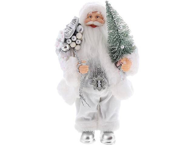 Новогодняя фигура 'Санта Клаус с Подарками и Елкой' 30см, белый и серебро с пайетками