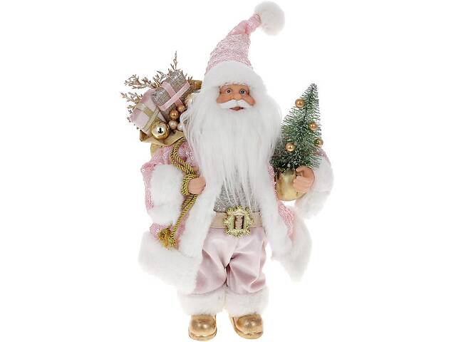 Новогодняя фигура 'Санта Клаус с Подарками и Елкой' 30см, розовый и серебро с пайетками
