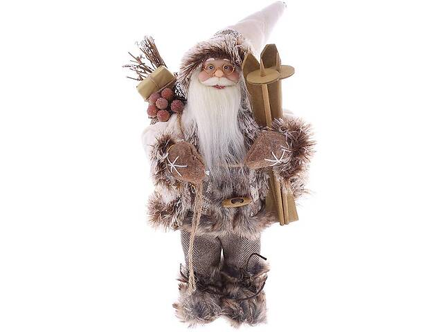 Новогодняя фигура 'Санта Клаус с Подарками и Лыжами' 30см, бежевый с коричневым