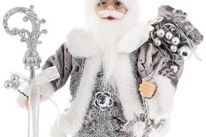 Новогодняя фигура 'Санта Клаус с Подарками и Посохом' 30см, серебро с пайетками