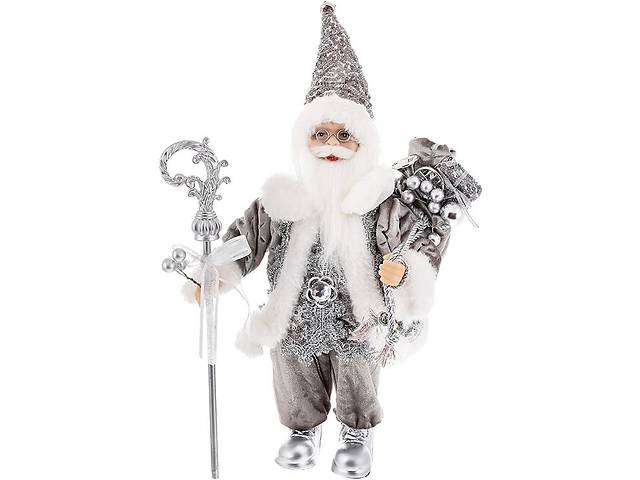 Новогодняя фигура 'Санта Клаус с Подарками и Посохом' 30см, серебро с пайетками
