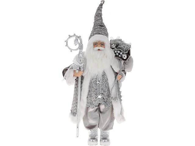 Новогодняя фигура 'Санта Клаус с Подарками и Посохом' 45см, серебро с пайетками