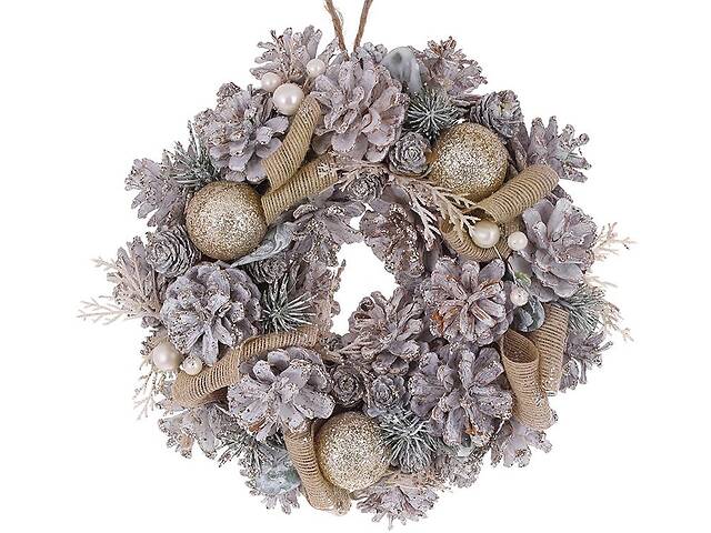 Новогодний венок 'Шишки, ягоды, шары' Ø25см кремовый беж, натуральные шишки