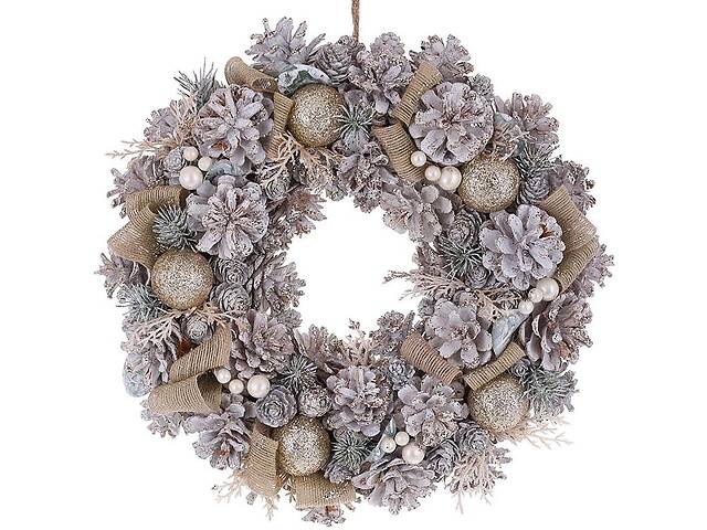 Новогодний венок 'Шишки, ягоды, шары' Ø35см кремовый беж, натуральные шишки