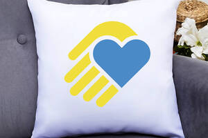 Подушка декоративная с принтом 'Синее сердце на желтой ладони' Белый Кавун П000361