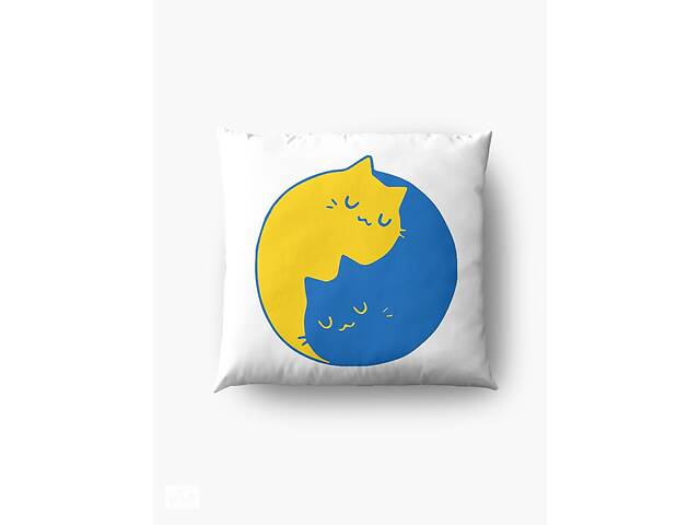 Подушка декоративная с принтом 'Украинские коты Инь и Ян синий и желтый' Белый Кавун П000429