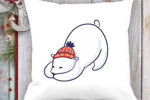 Подушка с новогодним принтом Белый медведь в шапке Белый Кавун П003701