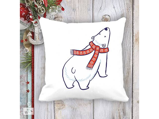 Подушка с новогодним принтом Белый медведь в шарфе Белый Кавун П003702