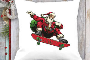 Подушка с новогодним принтом Дед Мороз на скейте c мешком Белый Кавун П003670