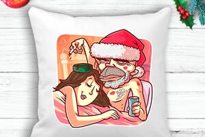 Подушка с новогодним принтом Дед Мороз с девушкой Белый Кавун П003589