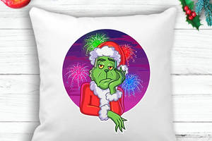 Подушка с новогодним принтом Гринч The Grinch фейерверк Белый Кавун П003608