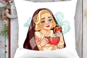 Подушка с новогодним принтом Мэрилин Монро с чаем и печеньем Белый Кавун П003676